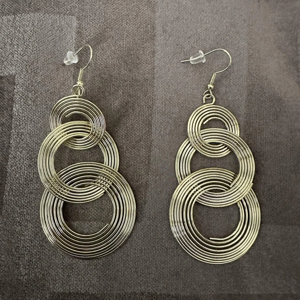 Gold Tone Triple Circle Dangle Earrings Womens 3 Inch Geometric Statement Boho
